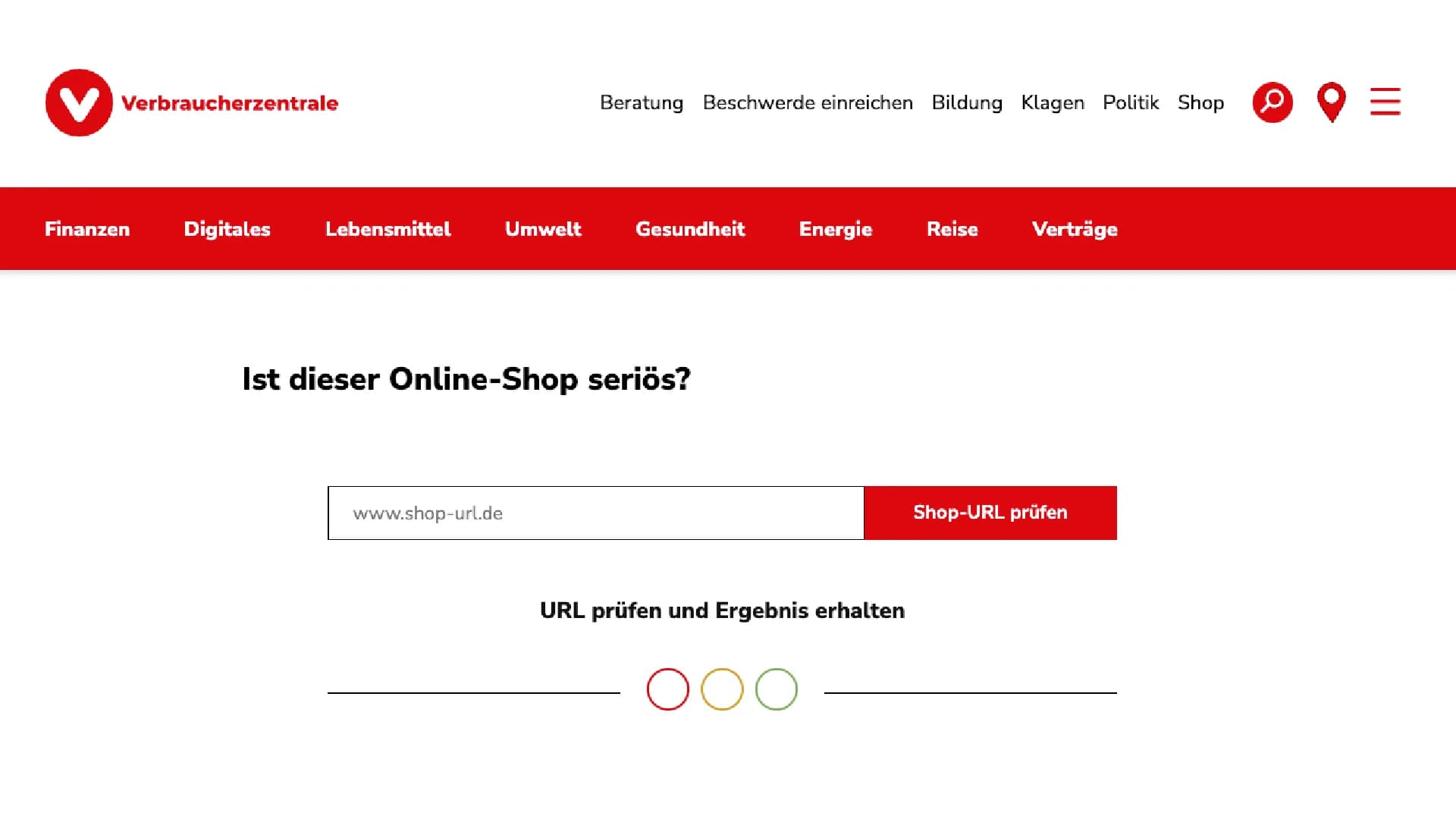 Screenshot der Fakeshop-Finder-Seite der Verbraucherzentrale mit der Überschrift „Ist dieser Online-Shop seriös?", einem Eingabefeld für die Shop-URL, dem Button „Shop-URL prüfen" und einer Ampel aus rotem, gelbem und grünem Kreis.