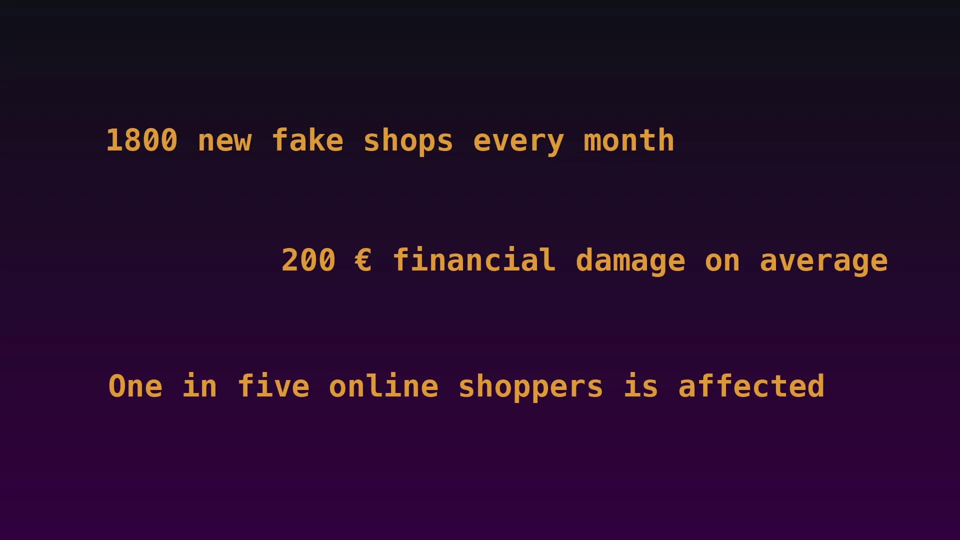 Purple-and-gold text graphic with three fake-shop statistics: "1800 new fake shops every month", "200 € financial damage on average", "One in five online shoppers is affected".