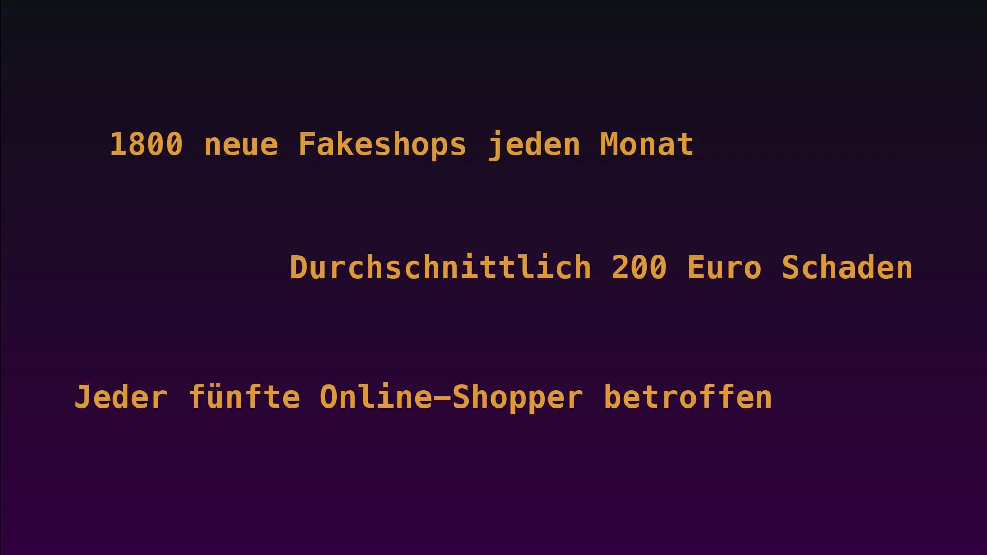 Textgrafik in Lila und Gold mit drei Kennzahlen zu Fakeshops: „1800 neue Fakeshops jeden Monat", „Durchschnittlich 200 Euro Schaden", „Jeder fünfte Online-Shopper betroffen".