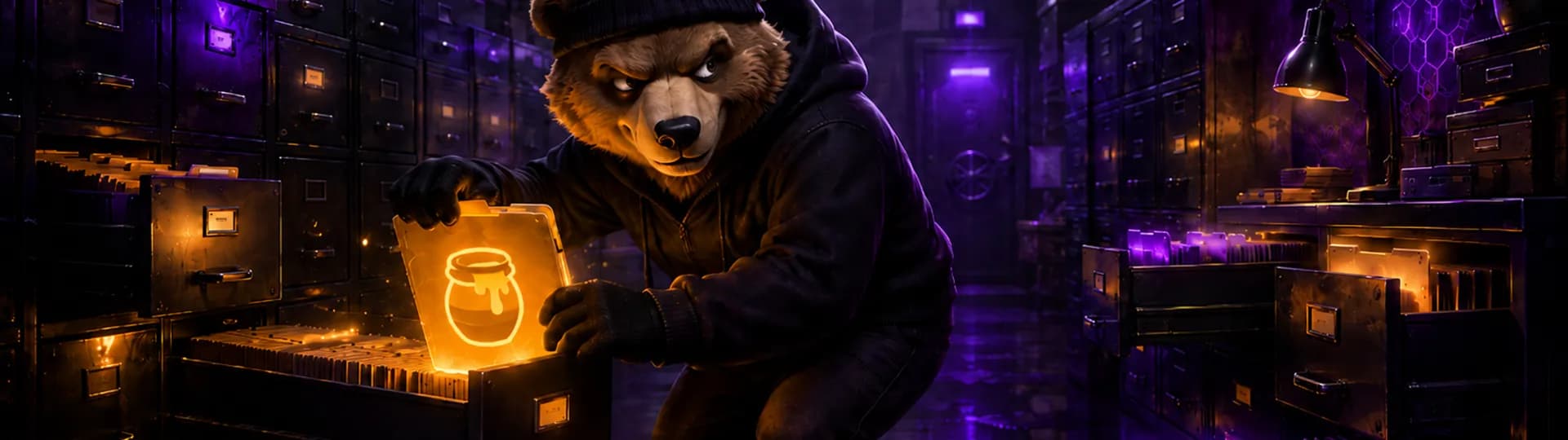 The Honeypot Files - Ein Bär im CGI-Look stiehlt eine Akte mit einem Honigtopf darauf.